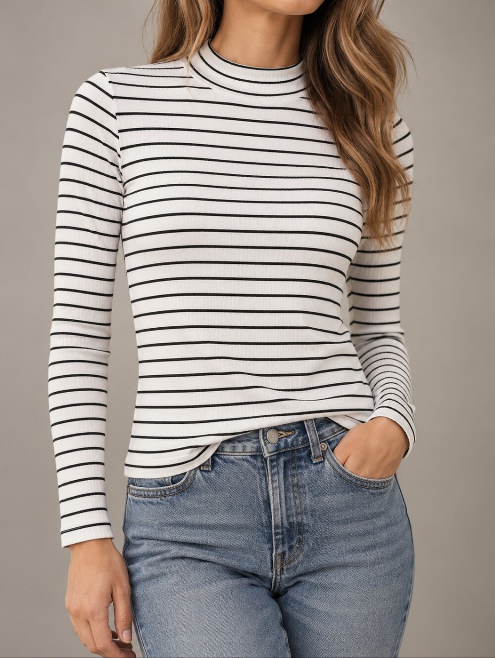 UNIQLO Ribbed Striped Mock Neck Long Sleeve Cotton Stretch Top Small